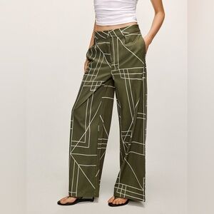 Commense Olive Green Geometric Print Wide Leg Pants Size L NWT